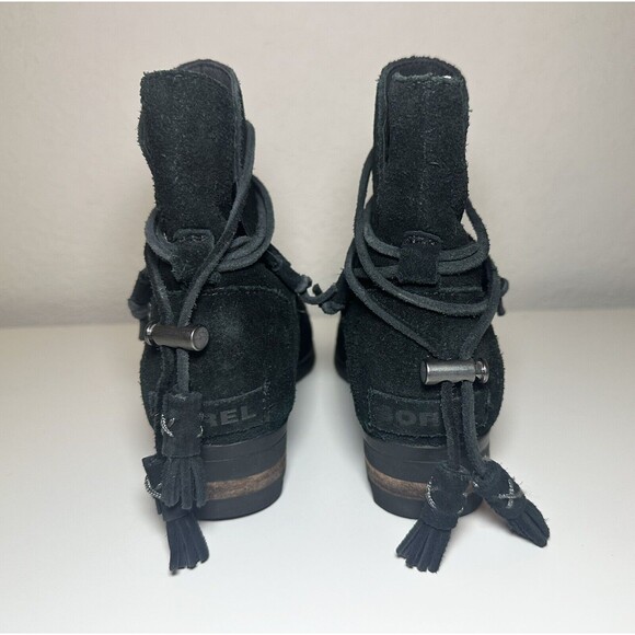 Sorel Farah Black Suede Leather Ankle Boots Tie Tassel Booties Women SIZE‎ 6 - Picture 2 of 10